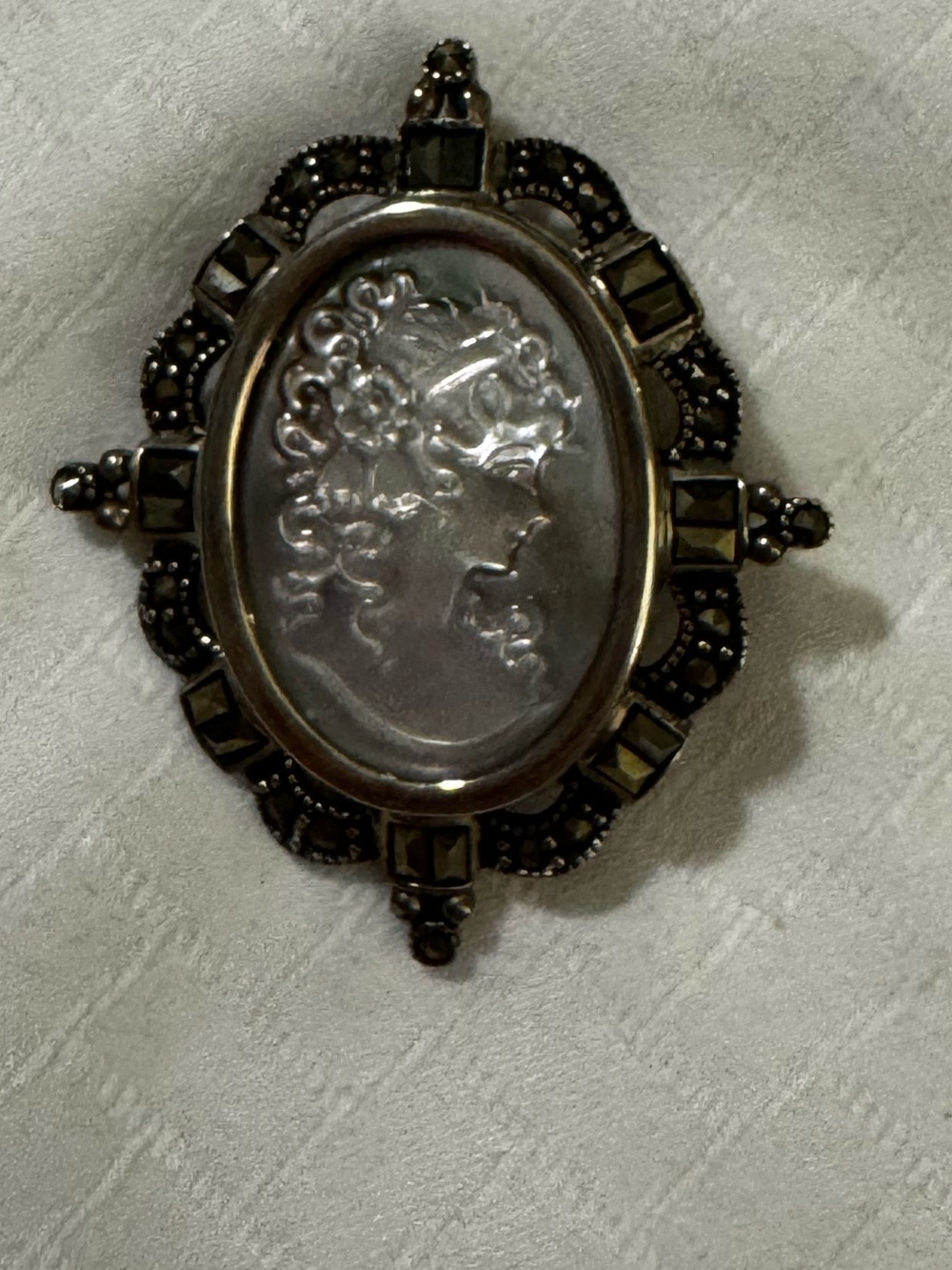 Vintage-Inspired Sterling Silver/Marcasite Cameo Brooch